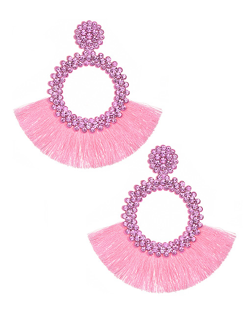 Fashion Pink Felt Cloth With Diamond Round Tassel Earrings