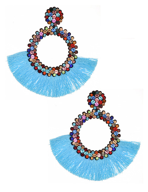 Fashion Blue Felt Cloth With Diamond Round Tassel Earrings