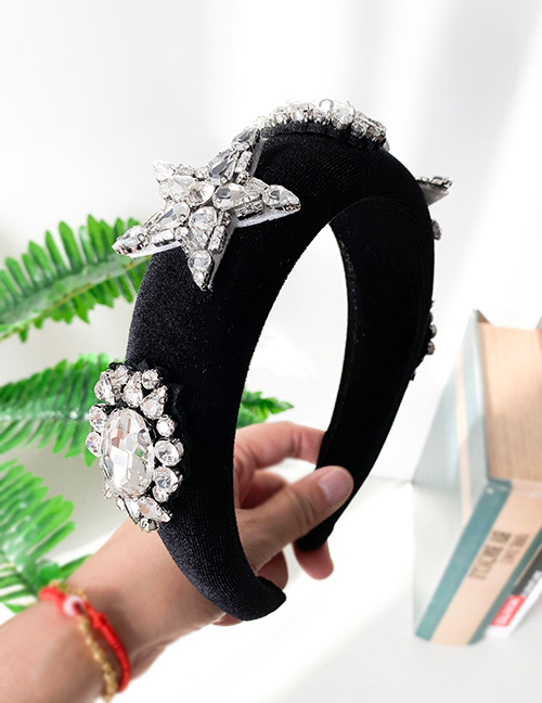 Fashion Black Gold Velvet Felt Cloth With Diamonds Five-pointed Star Headband