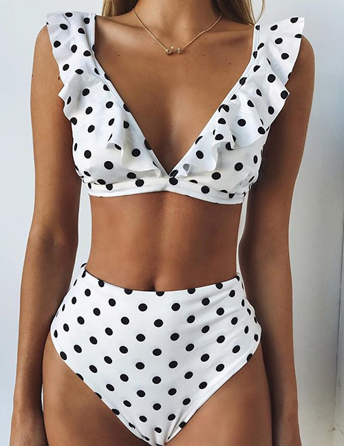Fashion Black Spots On White Printed Straps Split Swimsuit