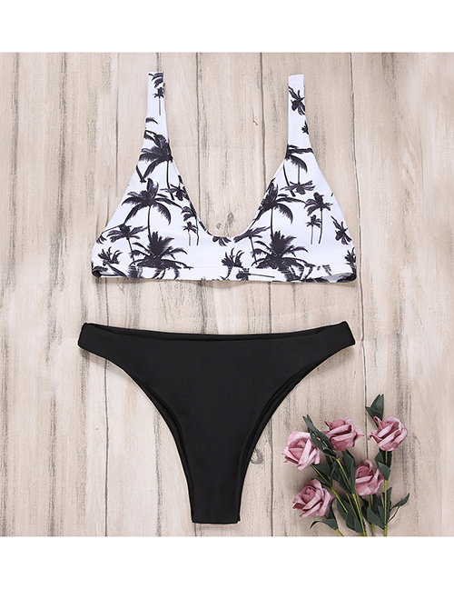 Fashion White Print + Black Printed Straps Split Swimsuit