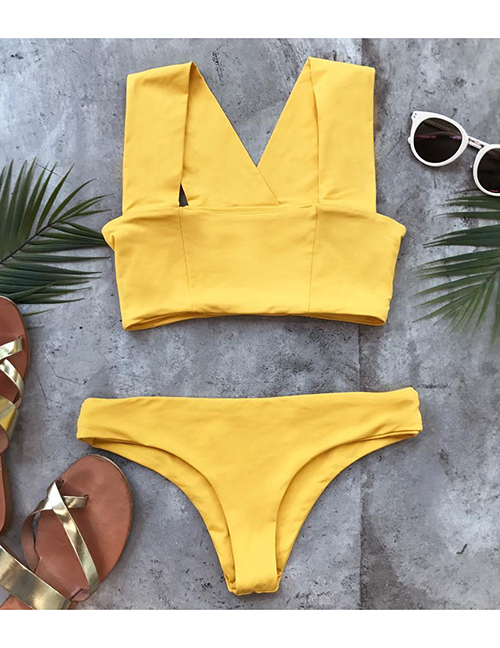 Fashion Yellow Printed Straps Split Swimsuit