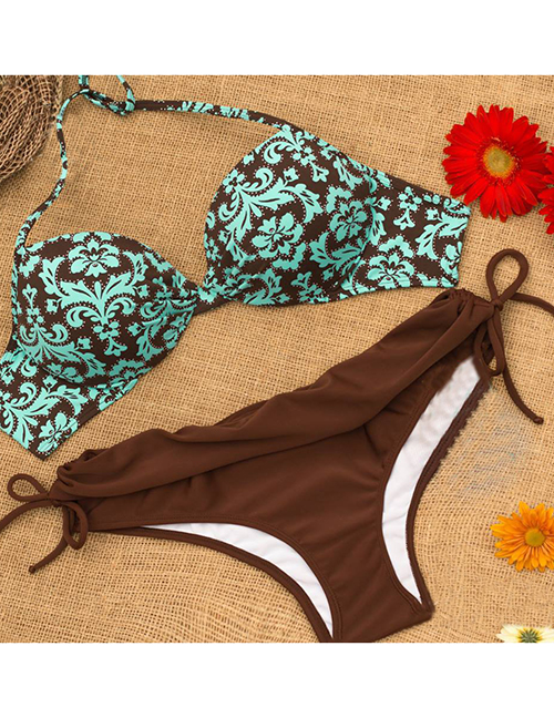 Fashion Green + Coffee Color Printed Straps Split Swimsuit