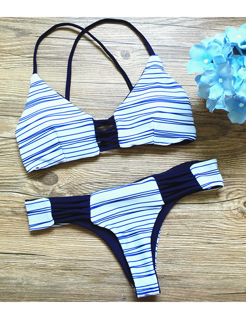 Fashion White And Blue Strip Printed Straps Split Swimsuit