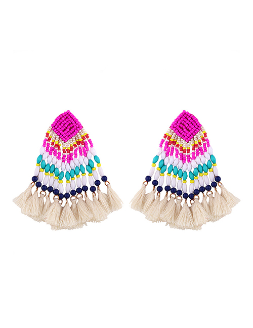 Fashion Beige Braided Geometric Rice Beads Tassel Earrings