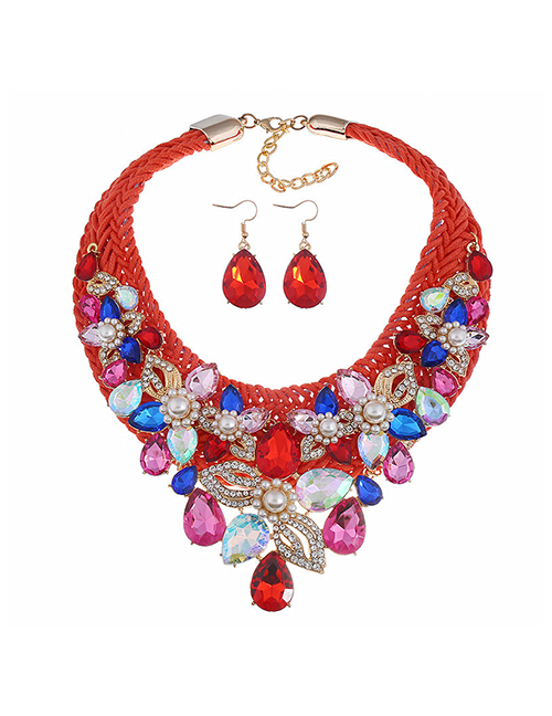 Fashion Red Pearl Diamond Woven Flower Necklace