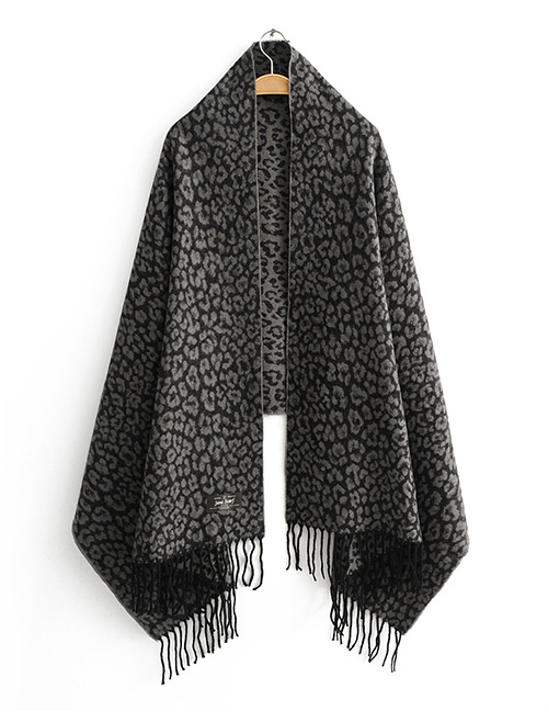Fashion Gray Leopard Jacquard Imitation Cashmere Tassel Scarf Shawl