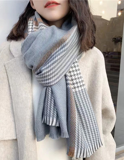 Fashion Jean Blue Contrast Houndstooth Faux Cashmere Scarf Shawl