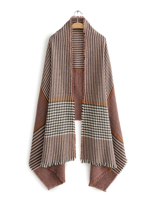 Fashion Bean Paste Contrast Houndstooth Faux Cashmere Scarf Shawl