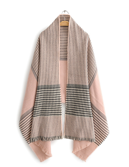 Fashion Pink Contrast Houndstooth Faux Cashmere Scarf Shawl