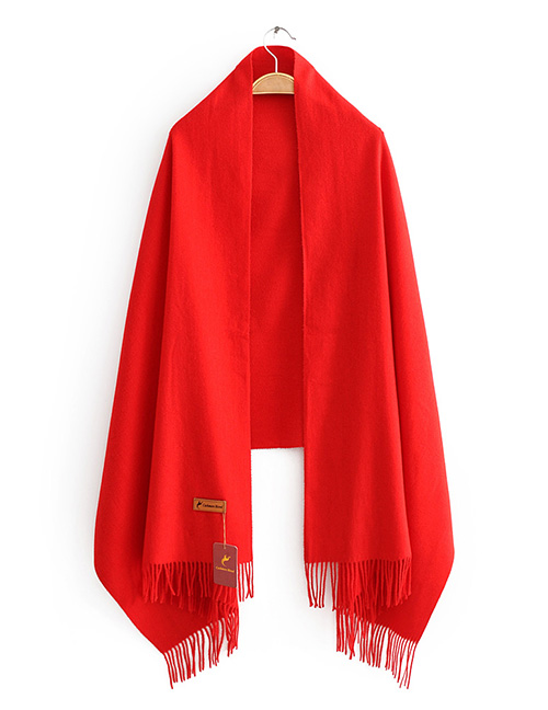 Fashion Big Red Solid Color Cashmere Fringed Scarf Shawl