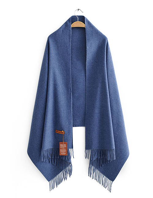 Fashion Jean Blue Solid Color Cashmere Fringed Scarf Shawl