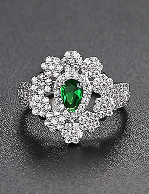 Fashion Green Openwork Flower Opening Copper Inlaid Zirconium Ring