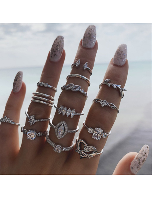 Fashion Silver Geometric Leaf Love Diamond Ring Set Of 15
