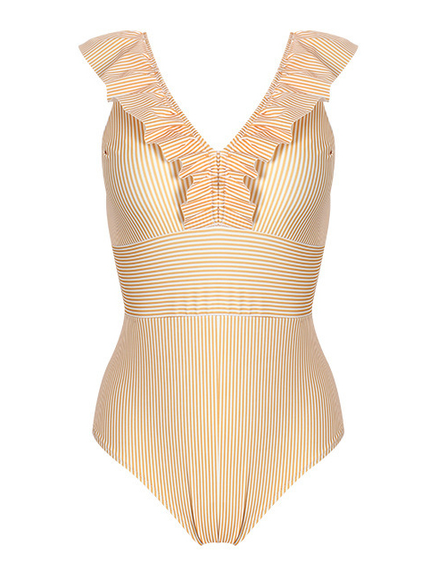 Fashion Orange Ruffled Striped Backless One-piece Swimsuit