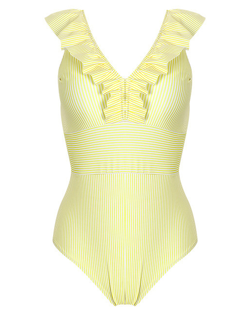 Fashion Yellow Ruffled Striped Backless One-piece Swimsuit