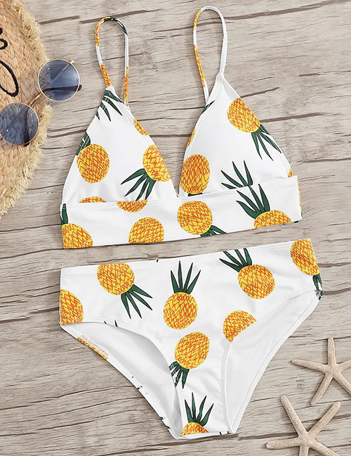 Fashion White Fruit Print Split Swimsuit