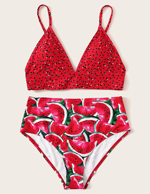 Fashion Red Fruit Print Split Swimsuit