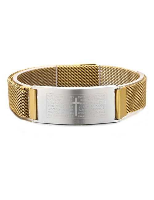 Fashion Gold Stainless Steel Scripture Cross Magnetic Buckle Bracelet