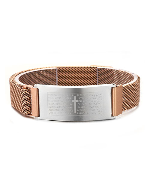 Fashion Rose Gold Stainless Steel Scripture Cross Magnetic Buckle Bracelet