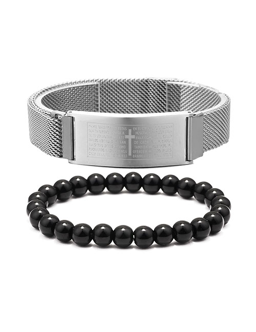 Fashion Steel Color + Black Agate Stainless Steel Scripture Cross Beaded Bracelet Set