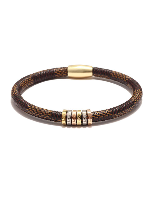 Fashion Brown Stainless Steel Cowhide Striped Alloy Magnetic Buckle Letter Love Bracelet