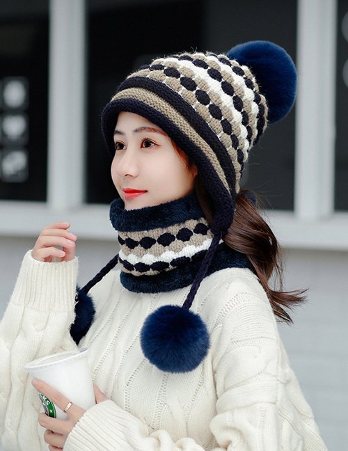 Fashion Navy Blue Suit Hair Ball Knitted Wool Cap