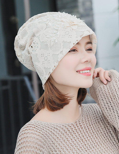 Fashion Beige Pearl Flower Lace Double-layered Pile Head Cap