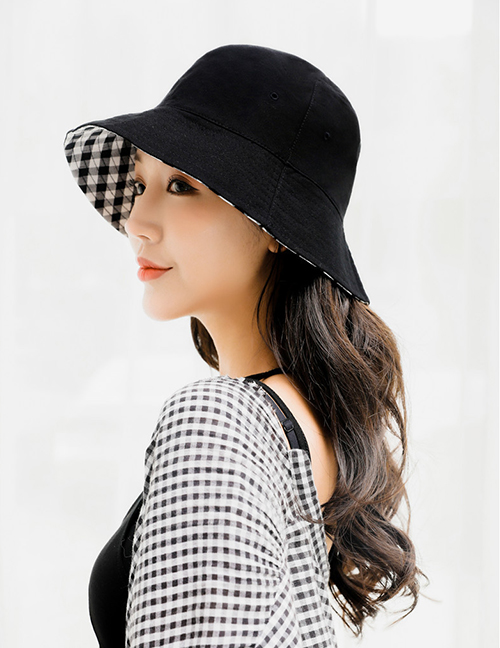 Fashion Black Sunscreen Lattice Bottom Double-sided Folding Fisherman Hat
