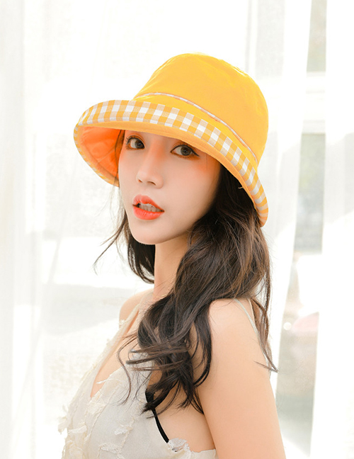 Fashion Yellow Sunscreen Plaid Along Folding Fisherman Hat
