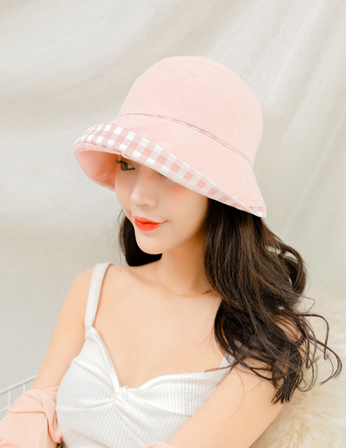 Fashion Pink Sunscreen Plaid Along Folding Fisherman Hat