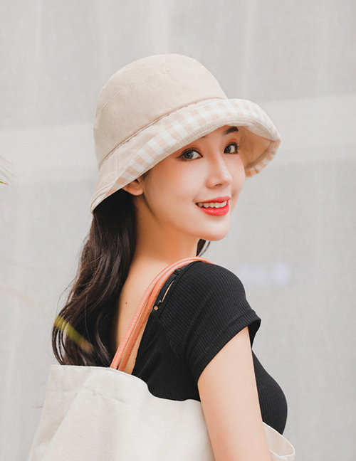 Fashion Beige Sunscreen Plaid Along Folding Fisherman Hat