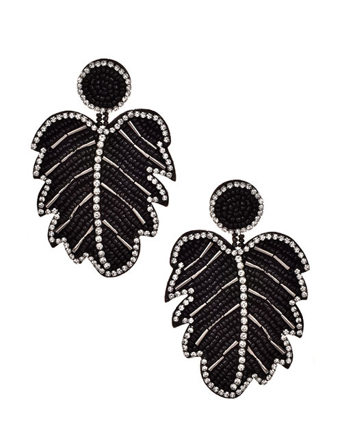 Fashion Black Non-woven Diamond-studded Rice Beads Leaves Earrings