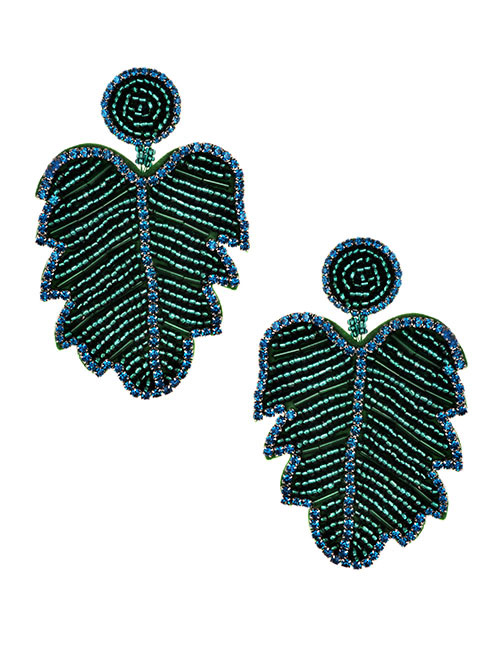 Fashion Green Non-woven Diamond-studded Rice Beads Leaves Earrings