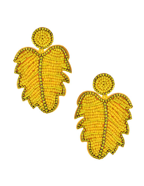 Fashion Yellow Non-woven Diamond-studded Rice Beads Leaves Earrings