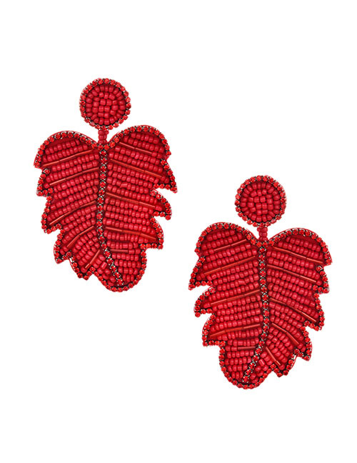 Fashion Red Non-woven Diamond-studded Rice Beads Leaves Earrings