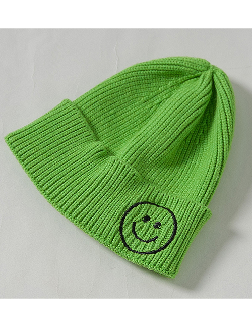 Fashion Fluorescent Green Knit Hat Embroidery Smiley Wool Child Cap