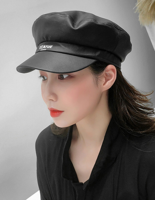 Fashion Black Pu Leather Flat Navy Cap