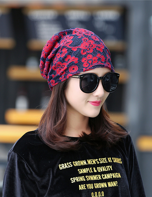 Fashion Red Lace Flower Double-layer Cap