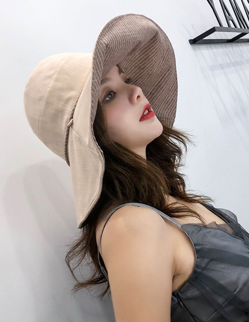 Fashion Beige Large Double-sided Striped Folding Sunscreen Fisherman Hat