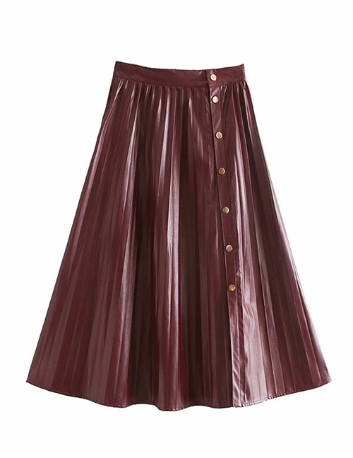 Fashion Red Wine Pleated Pu Leather Single-breasted Skirt