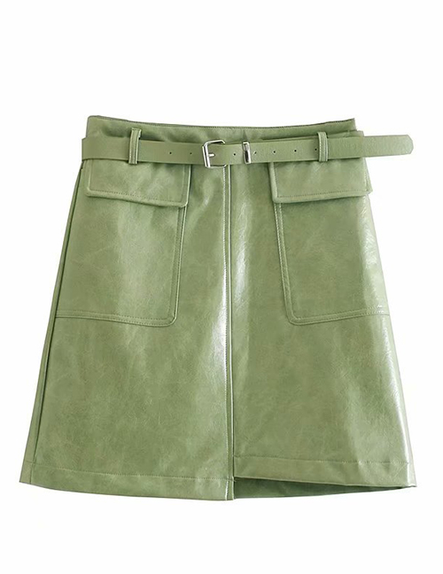 Fashion Green High Waist Pu Leather Belt Skirt