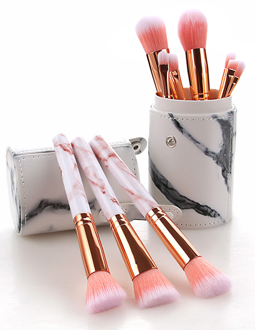 Fashion Pink 10 Sticks Of Marble Handle Makeup Brush With Bucket
