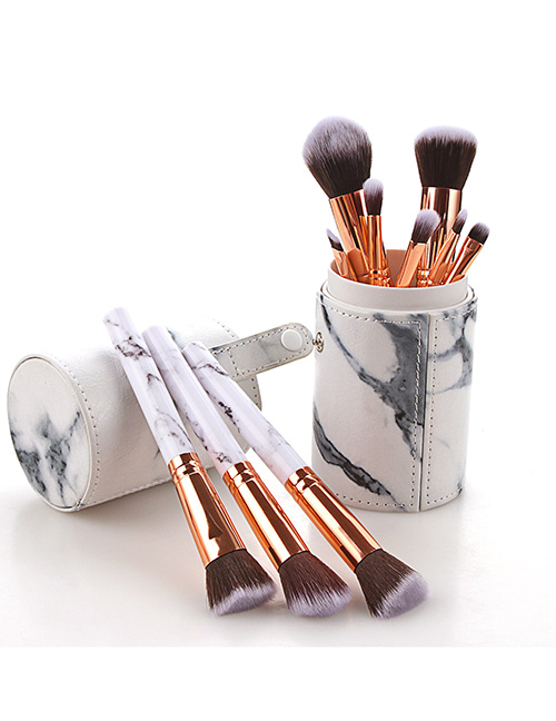 Fashion Black And White 10 Sticks Marble Handle Makeup Brush - With Bucket