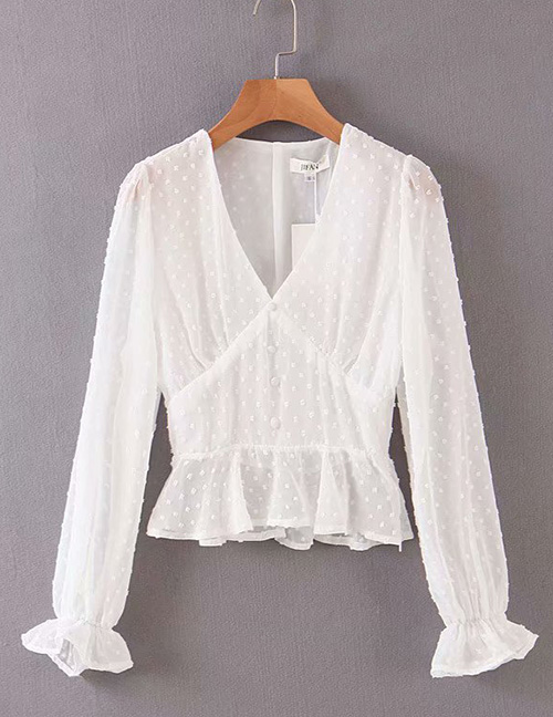 Fashion White Ruffled V-neck Jacquard Sleeve Shirt