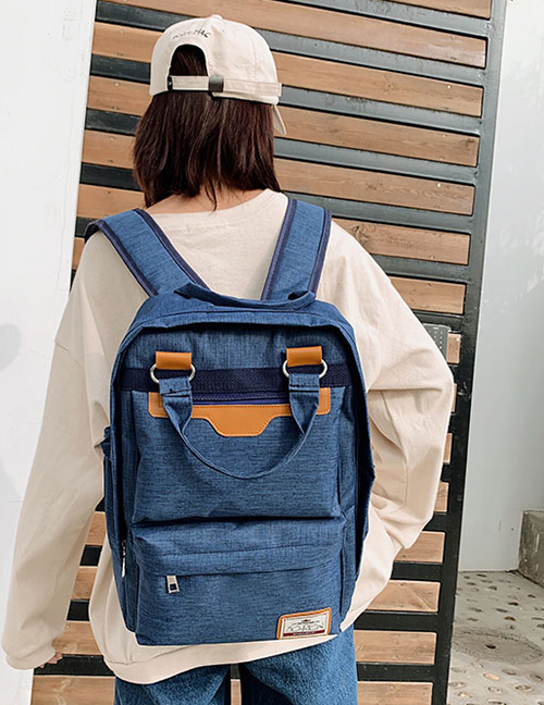 Fashion Blue Contrast Stitching And Labeling Nylon Backpack