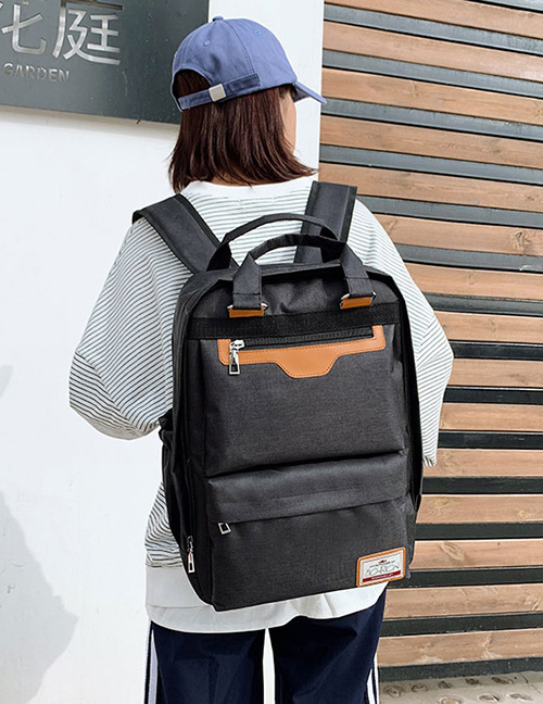 Fashion Black Contrast Stitching And Labeling Nylon Backpack