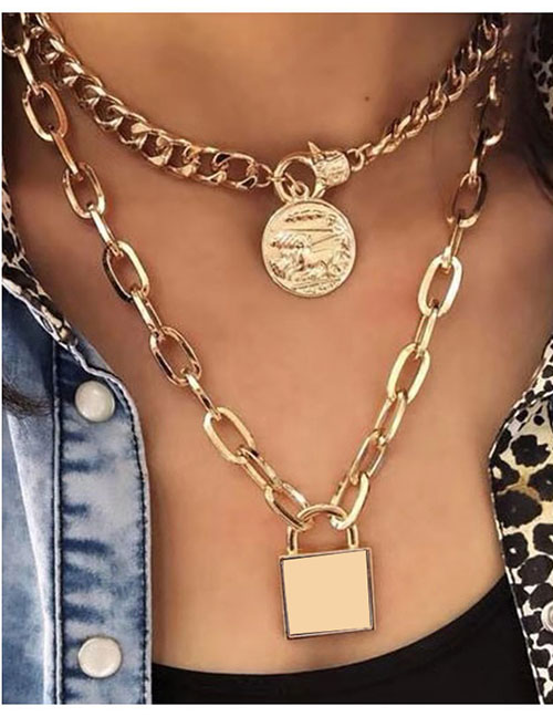 Fashion Gold Multi-layer Metal Chain Lock Necklace