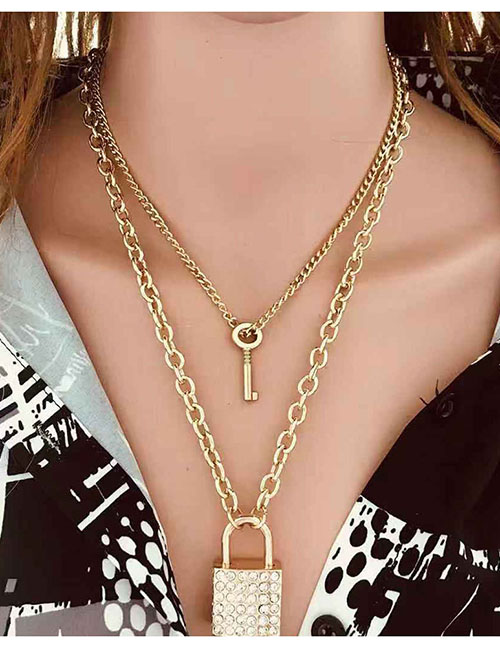 Fashion Gold Diamond Key Lock Double Necklace
