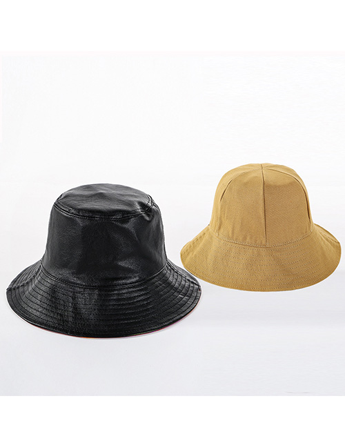 Fashion Black + Yellow Double-faced Solid Color Leather U Fisherman Hat